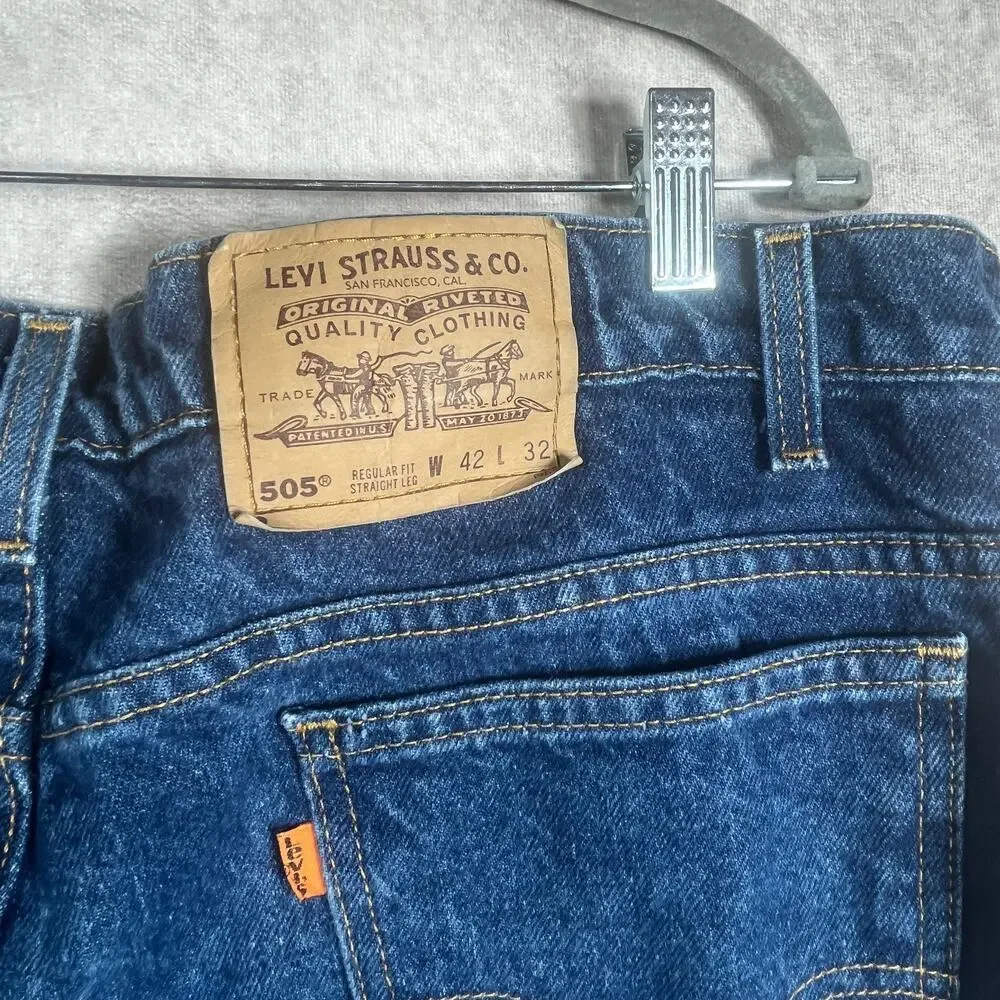Vintage Levi's 505 Jeans Mens 42X32 Blue Medium Wash Denim Orange Tab‎ Straight